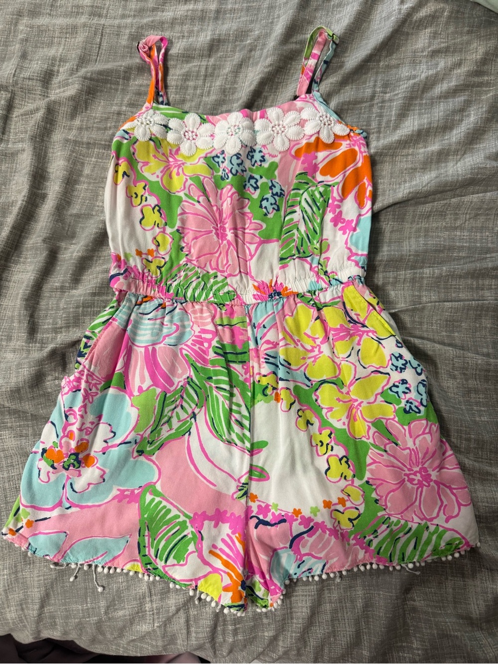 Lilly Pulitzer for Target Pink Green Yellow Floral Romper with Lace Trim